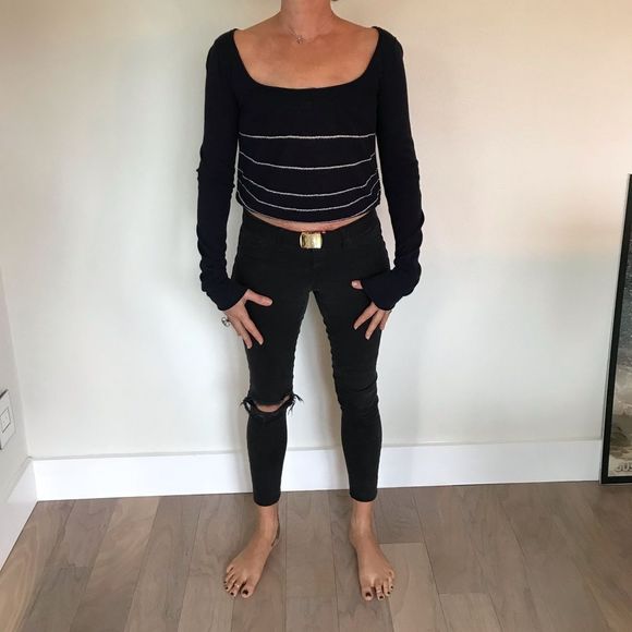 Silence & Noise Navy Striped Crop Top Medium - Picture 1 of 3